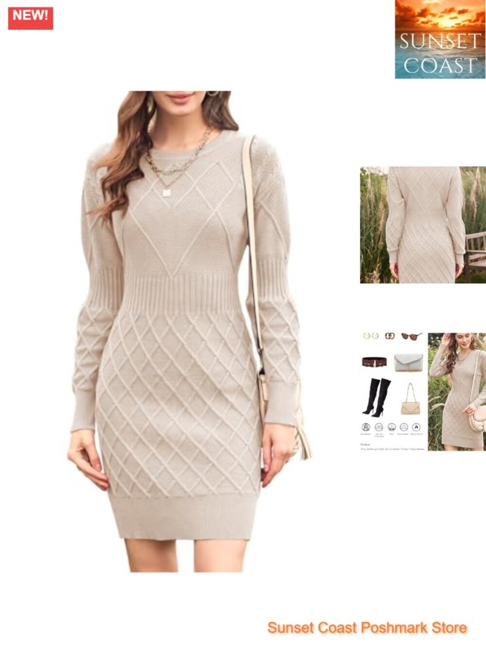 Crewneck Knit Bodycon Sweater Dress Knee Length Long Sleeve Pullover